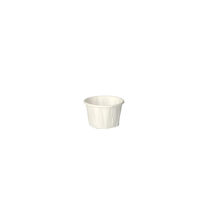 A small, white, ribbed paper condiment cup from PAPSTAR "pure", made from FSC-certified paper with a wide rim, is depicted empty on a plain white background.