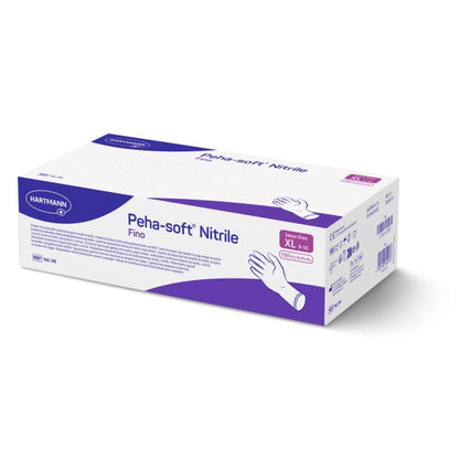 A box of Peha-soft® Nitrile fino disposable gloves, size XL, contains 150 powder-free and latex-free gloves. The white box with purple accents bears the Hartmann logo and a hand symbol. Product details are printed on the top and sides by Paul Hartmann AG.