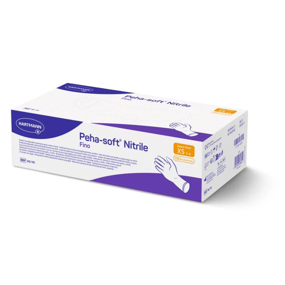 Box with Peha-soft® nitrile fino disposable gloves from Paul Hartmann AG, latex-free and powder-free, with white-purple packaging in sizes XS – S. Contains a hand illustration with glove, barcodes, and product information on the sides.