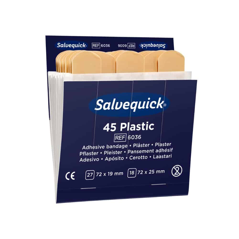 A box of Holthaus Medical Salvequick® refill plastic from Holthaus Medical GmbH & Co. KG is labeled "45 Plastic" and contains 45 plastic bandages in two sizes: 27 pieces at 72 x 19 mm and 18 pieces at 72 x 25 mm. The blue and white box contains multilingual text and is therefore perfect as a Salvequick refill.