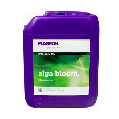 A purple container labeled "Plagron Alga Bloom Natural Plant Fertilizer" by Bertels B.V. features a green and white design, has a white cap, and contains liquid nutrients developed for optimal plant growth during the flowering phase.