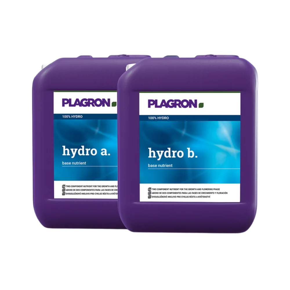 Two 5-liter containers of Plagron Hydro A + B by Bertels B.V. with blue-white labels stand side by side on a white background – a two-component fertilizer, ideal for the flowering phase of your plants.