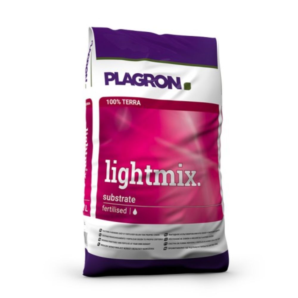 A bag of Plagron Lightmix with perlite substrate from Bertels B.V. in purple and pink contains 100% Terra-fertilized soil with white text. The upright bag displays product information and perlite details at the bottom, highlighting the Plagron quality soil.