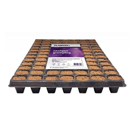 Der Plagron NextGen Growplug von Bertels B.V. verfügt über 84 mit Erde gefüllte Fächer, die mit Kokosfasern für eine bessere Wurzelbildung angereichert sind. Er hat ein Gitterdesign, das sich ideal zum Pflanzen eignet, und ist auf der Oberfläche mit einem auffälligen Produktinformationsetikett versehen.