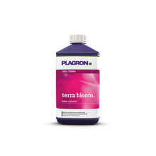 Plagron Terra Bloom, a premium flowering fertilizer from Bertels B.V., is presented in a dark bottle with a white cap and a pink label featuring the product name and brand logo. '100% Terra' is written in white letters on a purple background for optimal flowering.