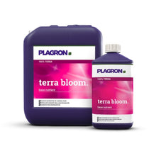 Two containers of Plagron Terra Bloom from Bertels B.V. stand against a white background. The larger dark purple container features a pink-white label that mirrors the design of the smaller one and is ideal for promoting vigorous flowering in your garden.