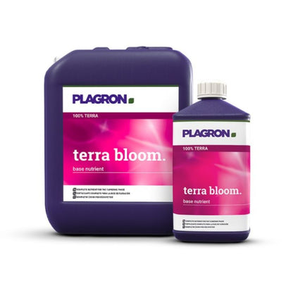 Two containers of Plagron Terra Bloom from Bertels B.V. stand against a white background. The larger dark purple container features a pink-white label that mirrors the design of the smaller one and is ideal for promoting vigorous flowering in your garden.