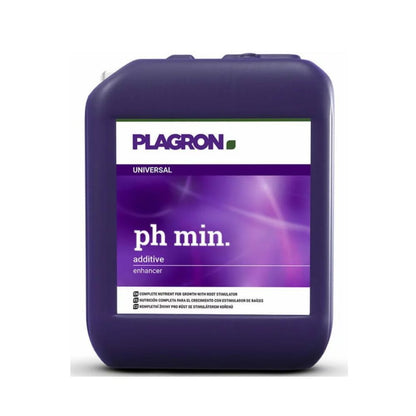 Ein violetter Behälter von Bertels B.V. mit der Aufschrift „Plagron pH Min“ ist ein universeller pH-Wert-Regulator. Sein violettes Farbverlaufsdesign macht diese Nährstofflösung zur Anreicherung und Ergänzung unverzichtbar.