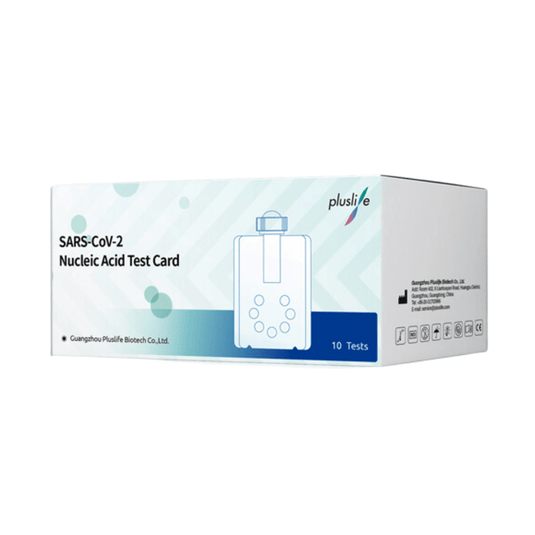 Image of a Pluslife SARS-CoV-2 PCR test kit from Plustic Biotech Co., Ltd. The packaging, designed for point-of-care testing, features the Pluslife logo and an illustration of a test card. It contains 10 tests; product details can be found on the page.