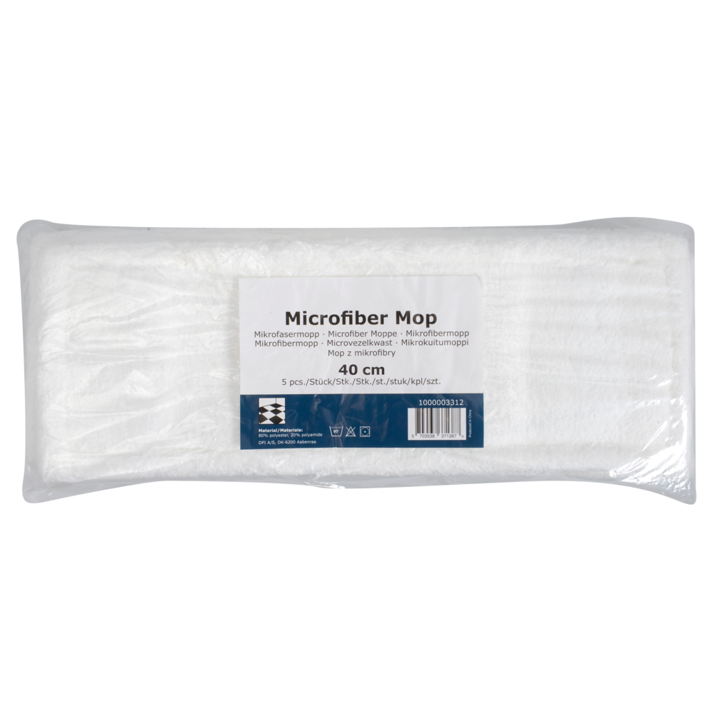 The Abena Re-Seller GmbH microfiber mop standard, white, is a rectangular 40 cm large 5-pack refill with a blue-white label - ideal for sustainable cleaning.