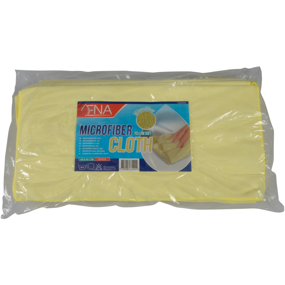 The Abena Re-Seller GmbH ENA Soft microfiber cloth (40x40 cm) is delivered in a clear packaging with product information and a picture of a hand using the yellow microfiber cloth for car care, making this cleaning cloth visible and accessible.