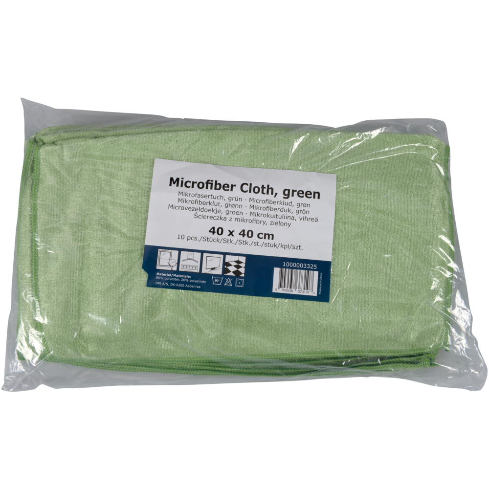 Eine 10er-Packung Abena Re-Seller GmbH Mikrofasertuch Shiny-Stretch Tücher, je 40x40 cm, ist gefaltet und versiegelt in einem durchsichtigen Plastikbeutel mit mehrsprachiger Beschriftung.