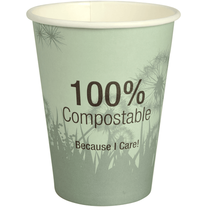 The Compostable Coffee Cup "Dandelion" by Abena Re-Seller GmbH is a green cup with the print "100% Compostable Because I Care!" and a subtle dandelion motif in the background.