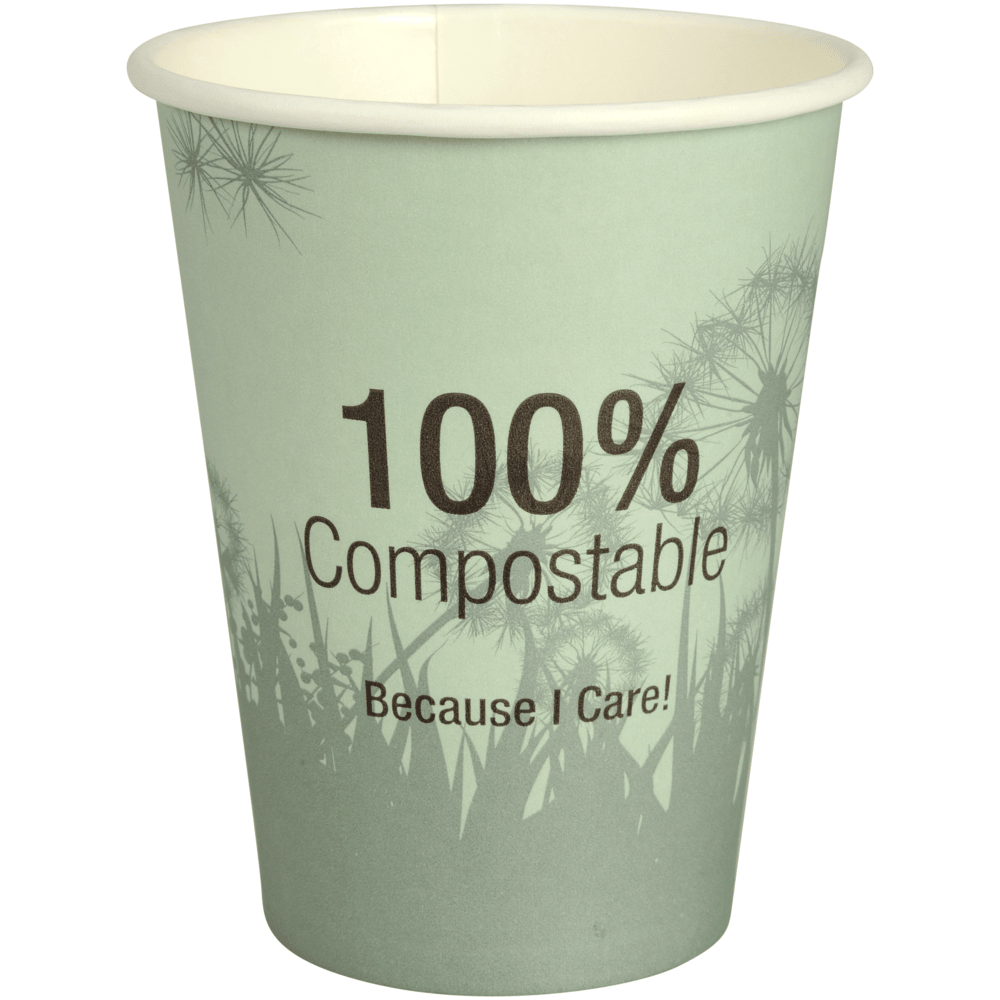 The Abena Re-Seller GmbH Compostable Coffee Cup "Dandelion" is a green coffee cup with the inscription "100% Compostable Because I Care!" and a silhouette motif of plants and dandelions in the background.