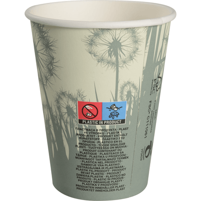 The Abena Re-Seller GmbH Compostable Coffee Cup "Dandelion" is a paper cup with a light green dandelion motif; the label states "Plastic in the product" and symbols indicating that it is not compostable or eco-friendly.