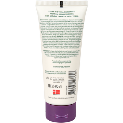 A white tube of Bambo Nature body lotion (100 ml, color and fragrance-free) from Abena Re-Seller GmbH with information on sensitive skin, hypoallergenic details, usage instructions, ingredients, certifications, barcode, and website on the back label. Package: 6 pieces.