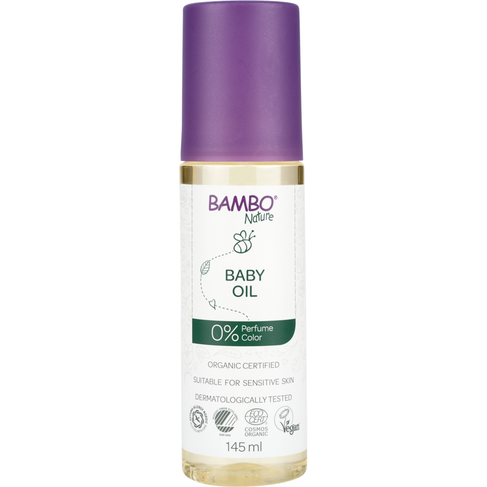 A 145 ml bottle of Bambo Nature Baby Oil from Abena Re-Seller GmbH, color and fragrance-free, organic certified, dermatologically tested, vegan - ideal for sensitive skin. This is a discontinued item, available in boxes of 48 packs.