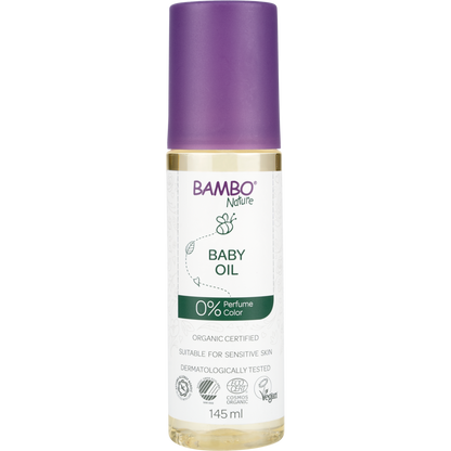 A 145 ml bottle of Bambo Nature Baby Oil from Abena Re-Seller GmbH, color and fragrance-free, organic certified, dermatologically tested, vegan - ideal for sensitive skin. This is a discontinued item, available in boxes of 48 packs.
