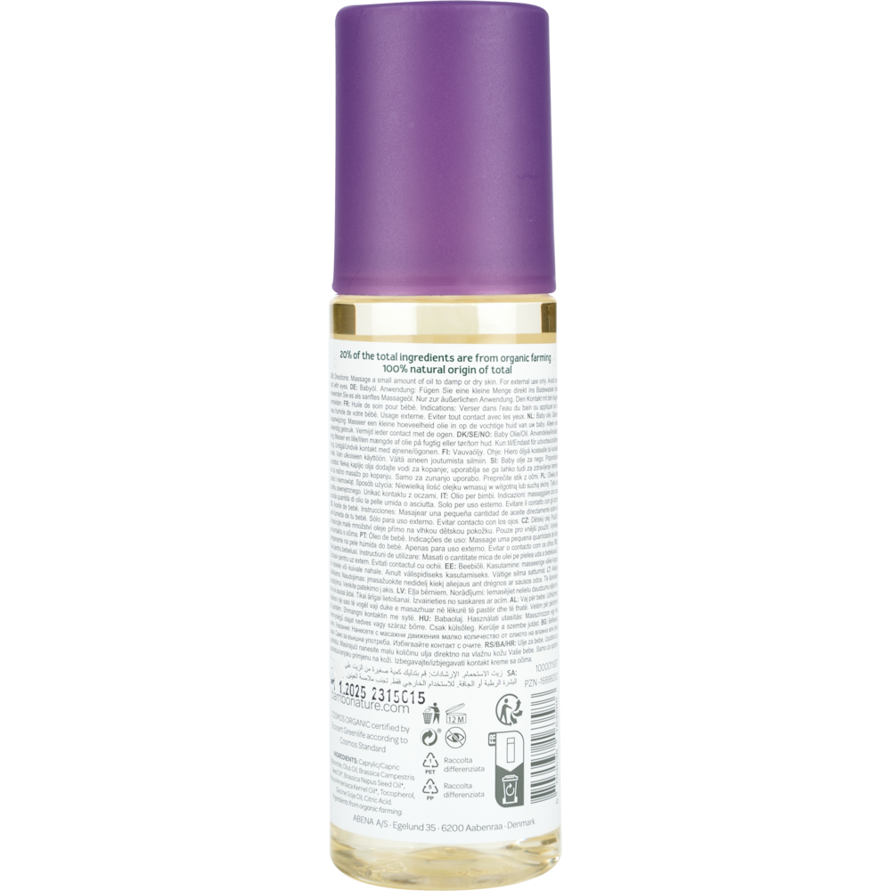 A 145 ml bottle discontinued item: Bambo Nature Baby Oil from Abena Re-Seller GmbH, color and fragrance-free, with a transparent lower half showing the liquid, and a purple cap; back label with ingredient information - ideal for sensitive skin.