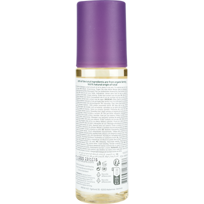 A 145 ml bottle discontinued item: Bambo Nature Baby Oil from Abena Re-Seller GmbH, color and fragrance-free, with a transparent lower half showing the liquid, and a purple cap; back label with ingredient information - ideal for sensitive skin.