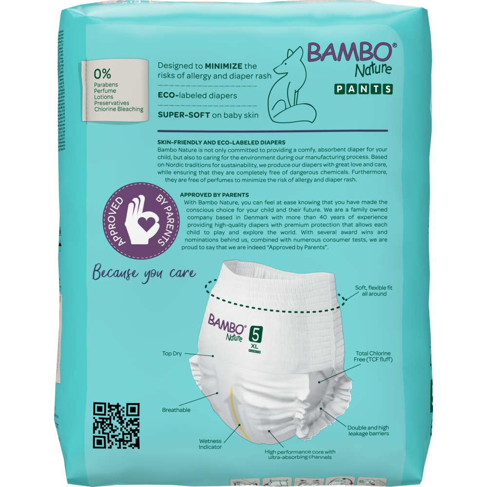 Eine Packung Bambo Nature Pants, Größe 5, von Abena Re-Seller GmbH zeichnet sich durch umweltfreundliche Windeln mit Umweltzeichen aus, die atmungsaktiv sind und eine flexible Passform haben. Die wichtigsten Merkmale sind auf der tealfarbenen Verpackung abgebildet.