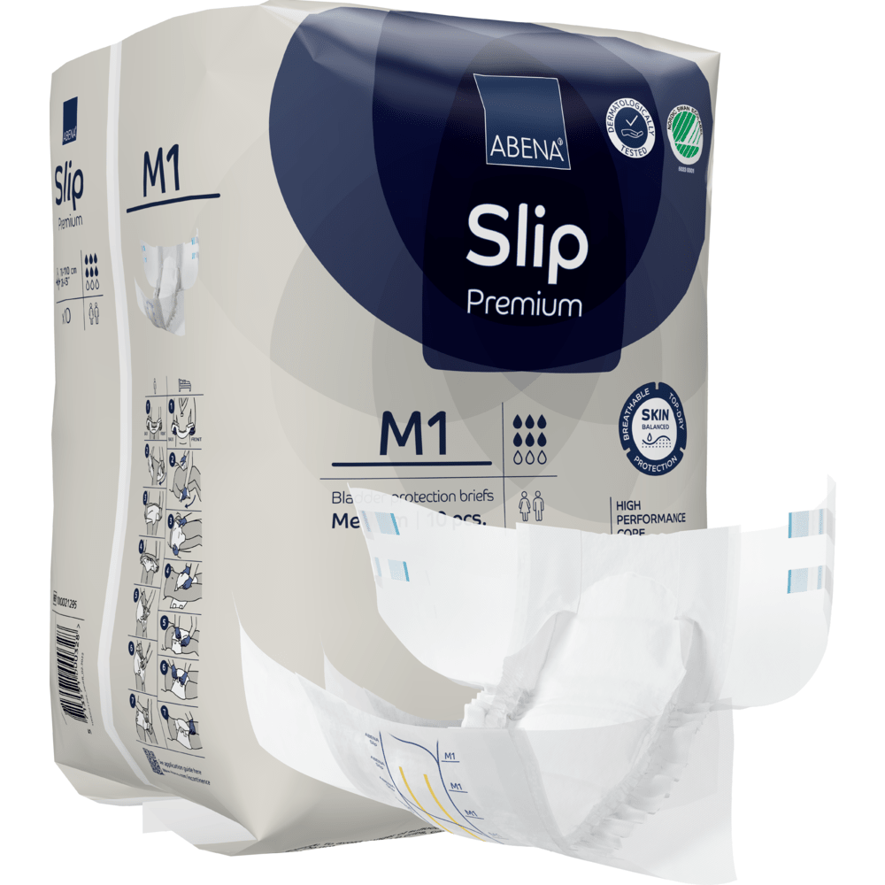 A package of ABENA Slip Premium from Abena Re-Seller GmbH is shown, with a slip partially removed to show the design. The packaging highlights product details and icons for key features.