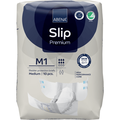 ABENA Slip Premium from Abena Re-Seller GmbH, medium size, 10-pack. Designed for incontinence care with a high-performance core and advanced skin protection, as indicated on the packaging.