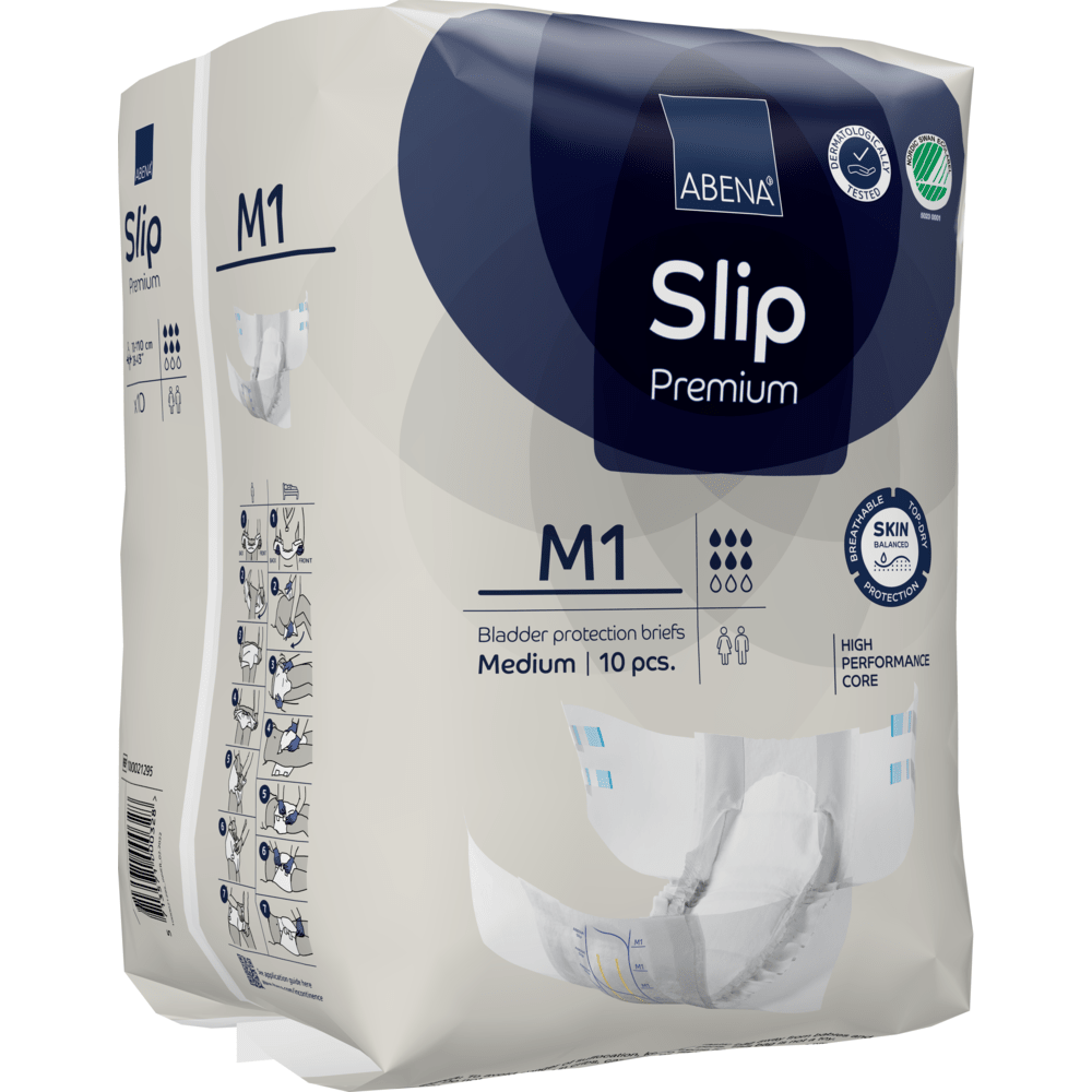 The 10-pack of ABENA Slip Premium from Abena Re-Seller GmbH, medium size, is characterized by skin-friendly material, a powerful core, and a pictorial guide for optimal incontinence care.