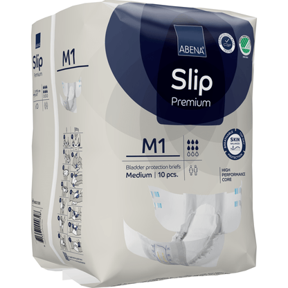 The 10-pack of ABENA Slip Premium from Abena Re-Seller GmbH, medium size, is characterized by skin-friendly material, a powerful core, and a pictorial guide for optimal incontinence care.