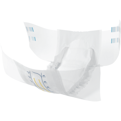The ABENA Slip Premium from Abena Re-Seller GmbH features elastic leg cuffs, side adhesive closures, and blue/yellow indicator lines, displayed open and isolated on a white background to ensure optimal incontinence care.