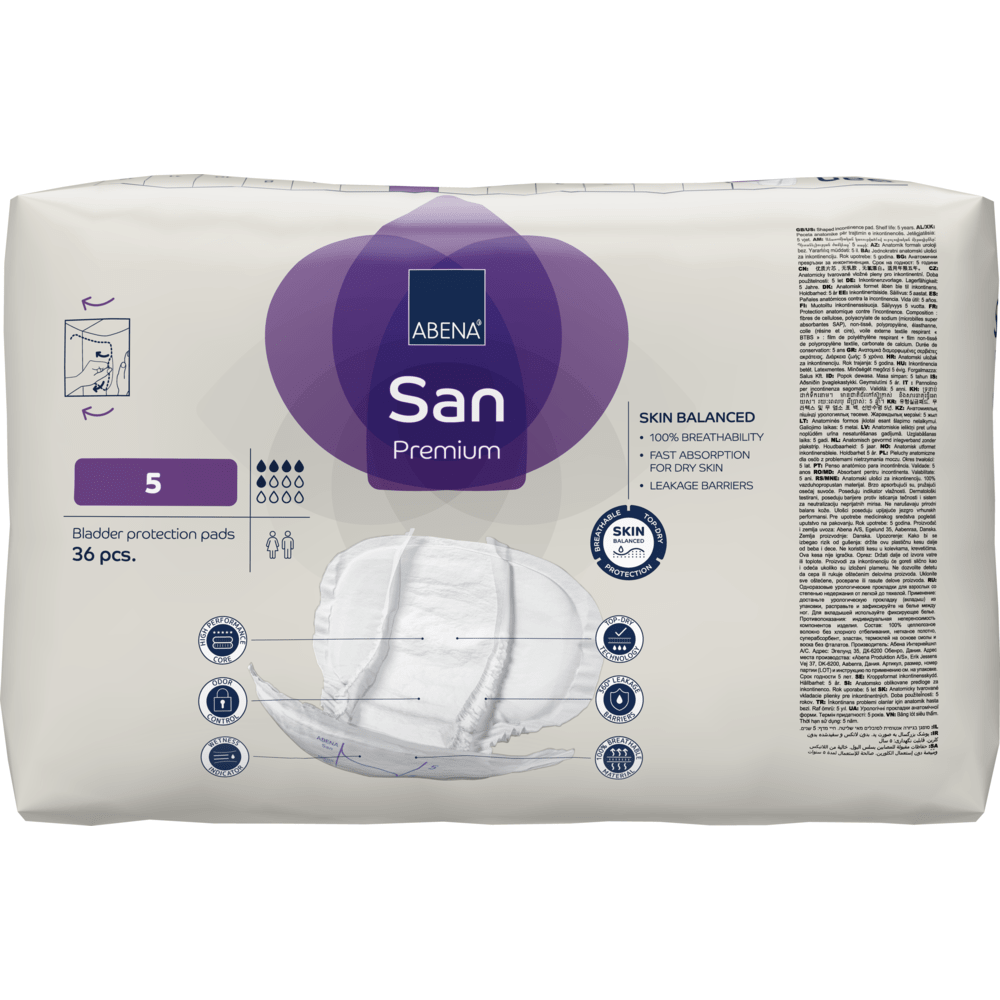 A pack of ABENA San Premium by Abena Re-Seller GmbH, size 5, contains 36 incontinence pads with high absorbency, skin balance, quick absorption, and strong leak barrier.