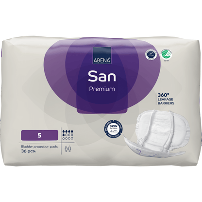 A pack of ABENA San Premium from Abena Re-Seller GmbH, size 5 incontinence protection, with 36 pieces. The predominantly white and purple packaging shows a tampon image as well as icons for high absorbency, 360° leak protection, and skin protection.