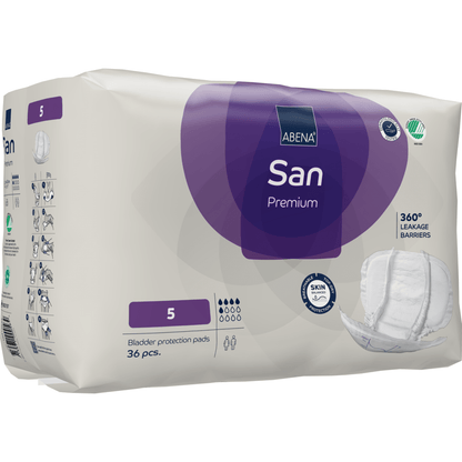 A pack of ABENA San Premium from Abena Re-Seller GmbH, size 5, contains 36 pieces. The mostly white and purple packaging with product images and symbols offers high absorbency for optimal incontinence protection.