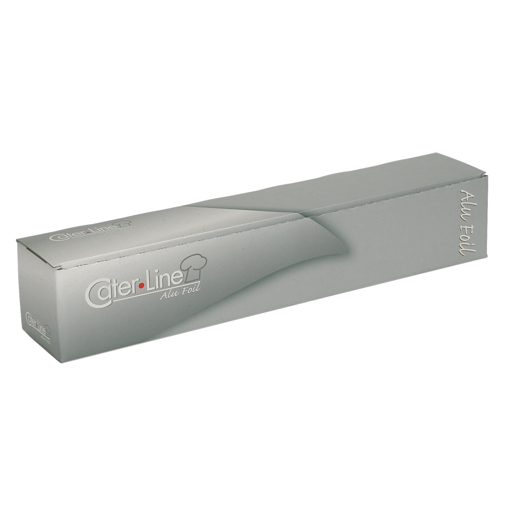 The Abena Re-Seller GmbH aluminum foil in a cut box (44 cm x 150 m, 11 my) comes in a rectangular silver box with a simple design and chef's hat graphic, ideal for easy dispensing of the foil.