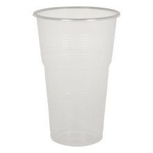 A transparent, empty plastic cup from the series of drinking glasses, PP by Abena Re-Seller GmbH stands upright on a solid white background, highlighting its durability and construction from polypropylene (PP).