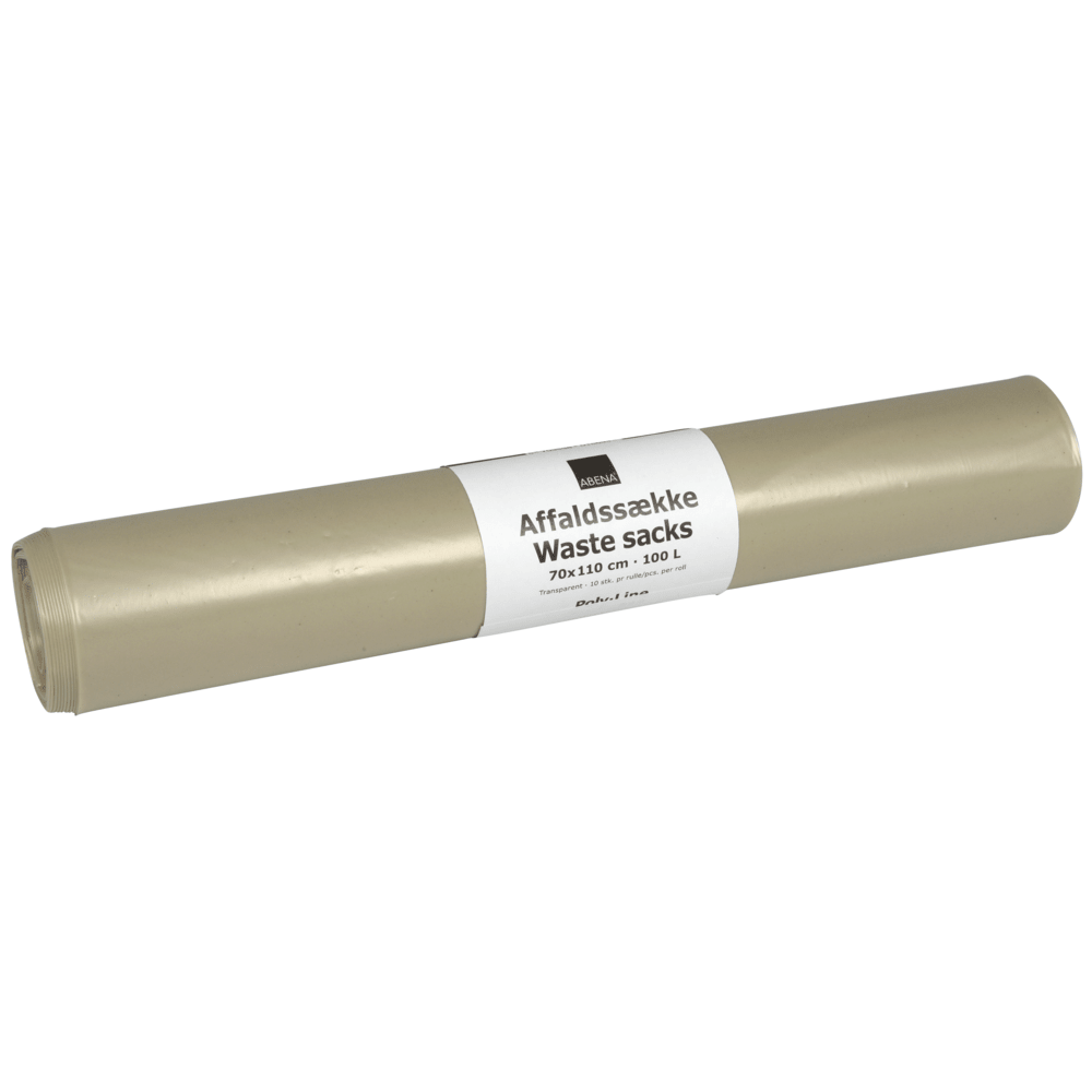 A roll of transparent Abena Re-Seller GmbH garbage bags, 120 L capacity, 700x1100 mm size, made of 55 my LDPE; contains 10 bags per roll.