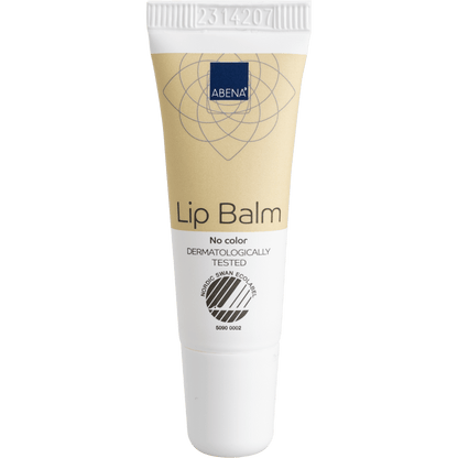 The beige-white 10-ml tube of Abena Re-Seller GmbH lip balm with a white cap and the inscription "No color", "DERMATOLOGICALLY TESTED" and the Nordic Swan Ecolabel provides moisture for soft, healthy lips. Available as a carton (300 packages).