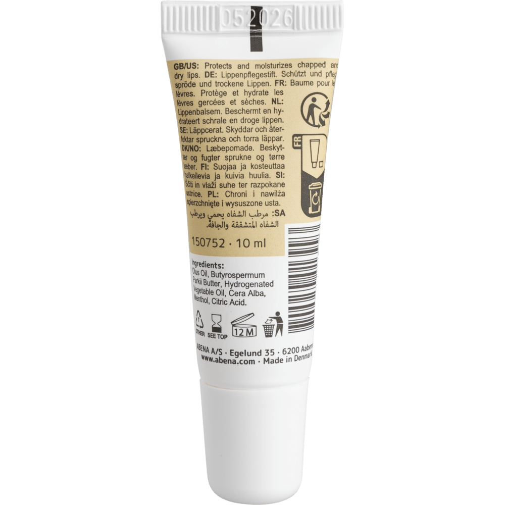 The white 10-ml tube of Abena Re-Seller GmbH lip balm with a beige label contains product information, usage instructions in multiple languages, ingredients, symbols, a white cap, and the expiration date "05 2026" on the top; available in cartons of 300 pieces.