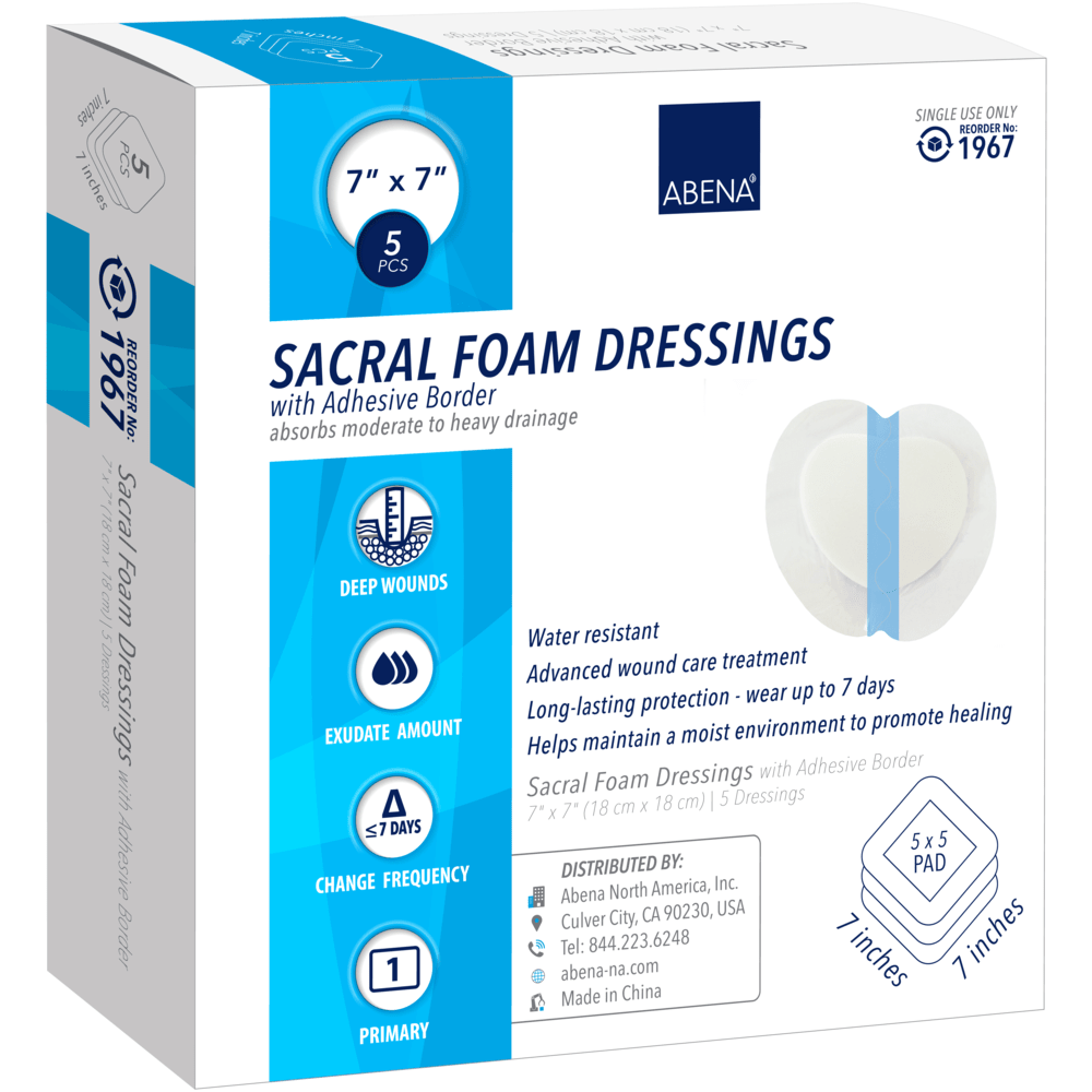 A box of Abena Sacral Foam Dressings, 7 "x7", 5 pieces, waterproof, durable for 7 days for deep wounds. Together with Abena Re-Seller GmbH trash bags 125L LDPE bags (800x1000mm, blue, roll of 25) for safe disposal; manufacturer shown.