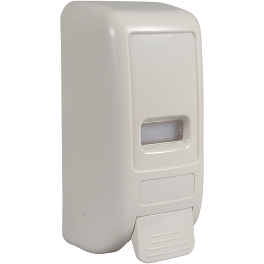 Der Abena Re-Seller GmbH Drucktastenspender (1.000 ml, Weiß) ist ein wandmontierter Seifenspender mit einem rechteckigen Druckhebel mit der Aufschrift PRESS" und einem kleinen Sichtfenster zur Inhaltskontrolle.