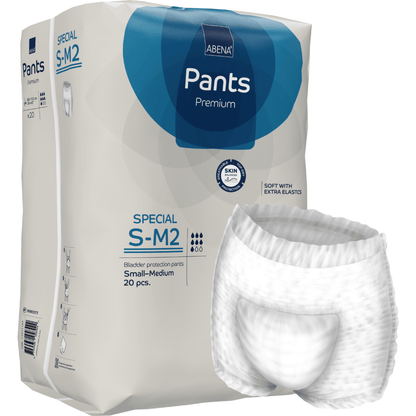 A pack of ABENA Pants Special Premium from Abena Re-Seller GmbH, size S-M2 (20 pieces), depicted next to an unfolded white adult pant. The packaging emphasizes skin protection and additional elastic bands.