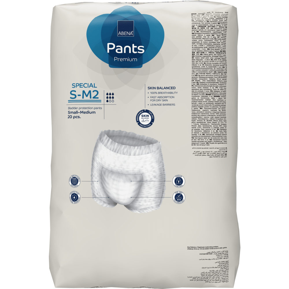 A 20-pack of ABENA Pants Special Premium from Abena Re-Seller GmbH, size S-M2. The mostly white packaging shows product details and an image of the underwear on the front.