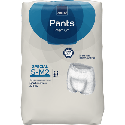 A 20-pack of ABENA Pants Special Premium from Abena Re-Seller GmbH, size S-M2, offers high wearing comfort, skin-friendliness, and extra elastic bands for a secure fit.