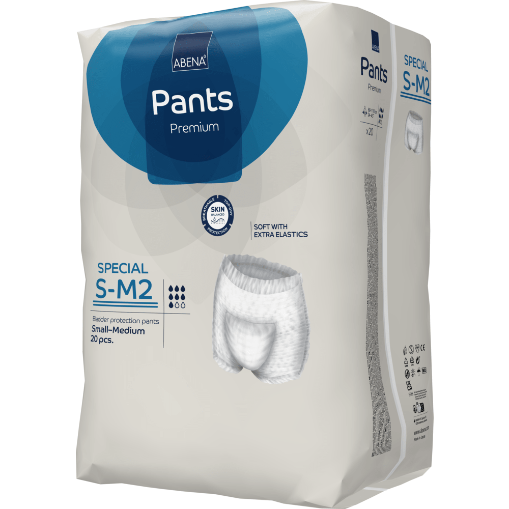 A pack of ABENA Pants Special Premium from Abena Re-Seller GmbH, size S-M2, for adult bladder protection, contains 20 pants. The packaging is mainly beige with blue accents and product images.