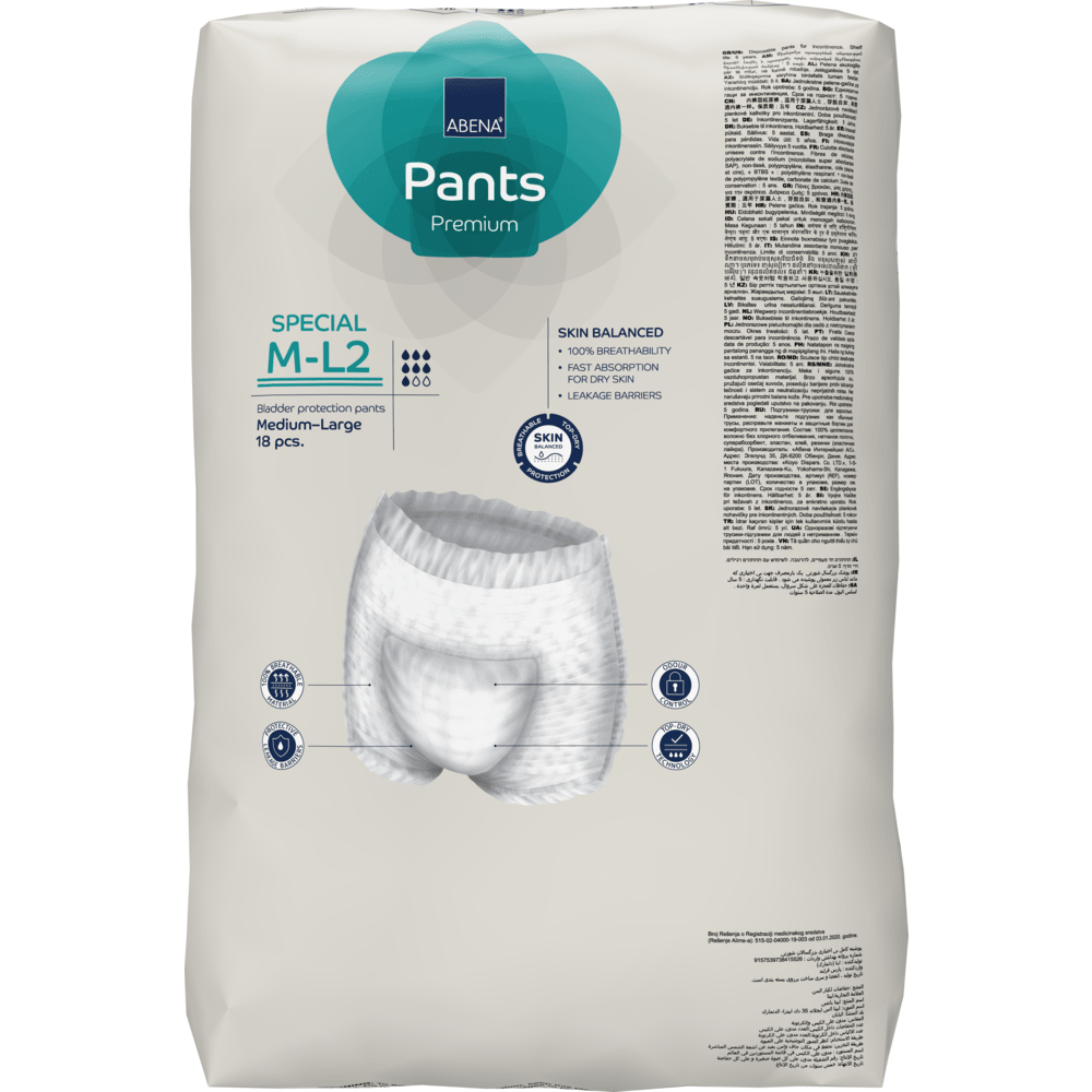 A pack of ABENA Pants Special Premium from Abena Re-Seller GmbH, medium size, 18 pieces. The packaging shows the product details, the image of the pants, and information on skin balance for adult incontinence care.