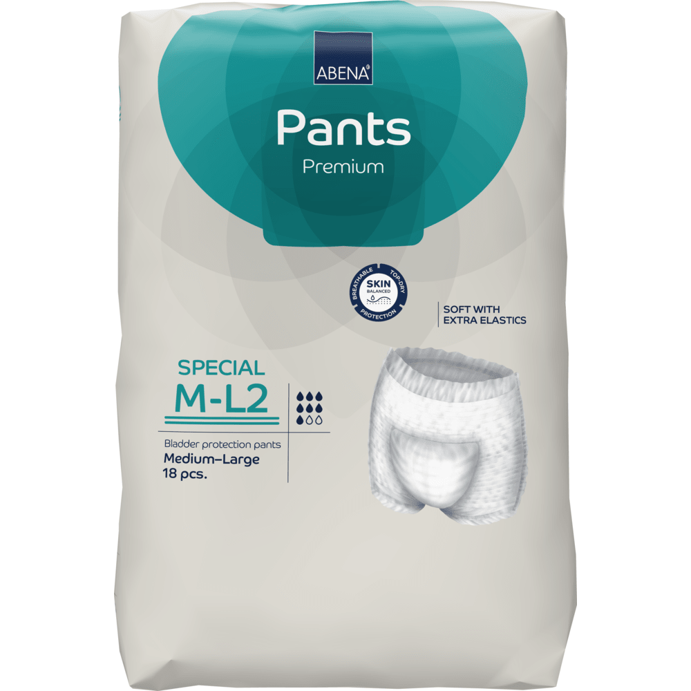 A pack of ABENA Pants Special Premium from Abena Re-Seller GmbH for adults, size Medium-Large, contains 18 pieces in light packaging with teal-blue accents and product details.