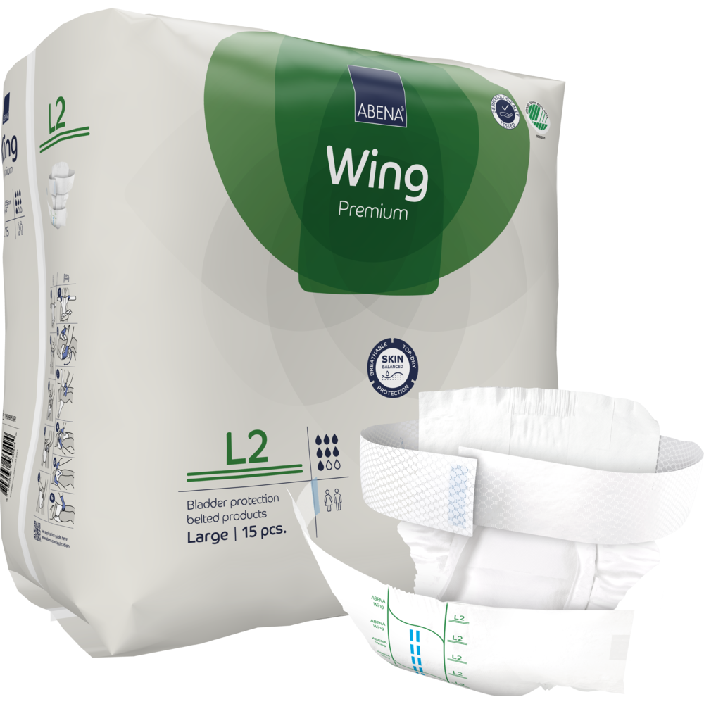 Eine 15-teilige Packung ABENA Wing Premium Erwachsenenwindeln (Größe L2) der Abena Re-Seller GmbH kommt in einer weiß-grünen Verpackung, die Schutz und Komfort hervorhebt, wobei eine Windel außen abgebildet ist, um ihr Design zu zeigen.