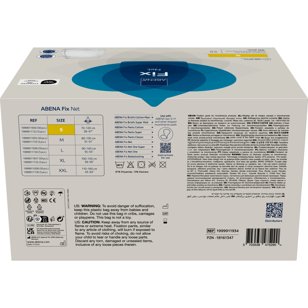 On a white box labeled "Fixing Pants, ABENA Fix, Net" there are product infos, size chart (S-XL), barcode, QR code, warnings, symbols for incontinence products and fixing pants, as well as distributor information on the back for Abena Re-Seller GmbH.