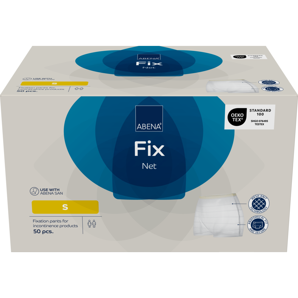 A box of fixing pants, ABENA Fix, Net from Abena Re-Seller GmbH, size small, ideal for incontinence products; contains 50 pieces with product information, certification logos, and a pants image on the packaging.