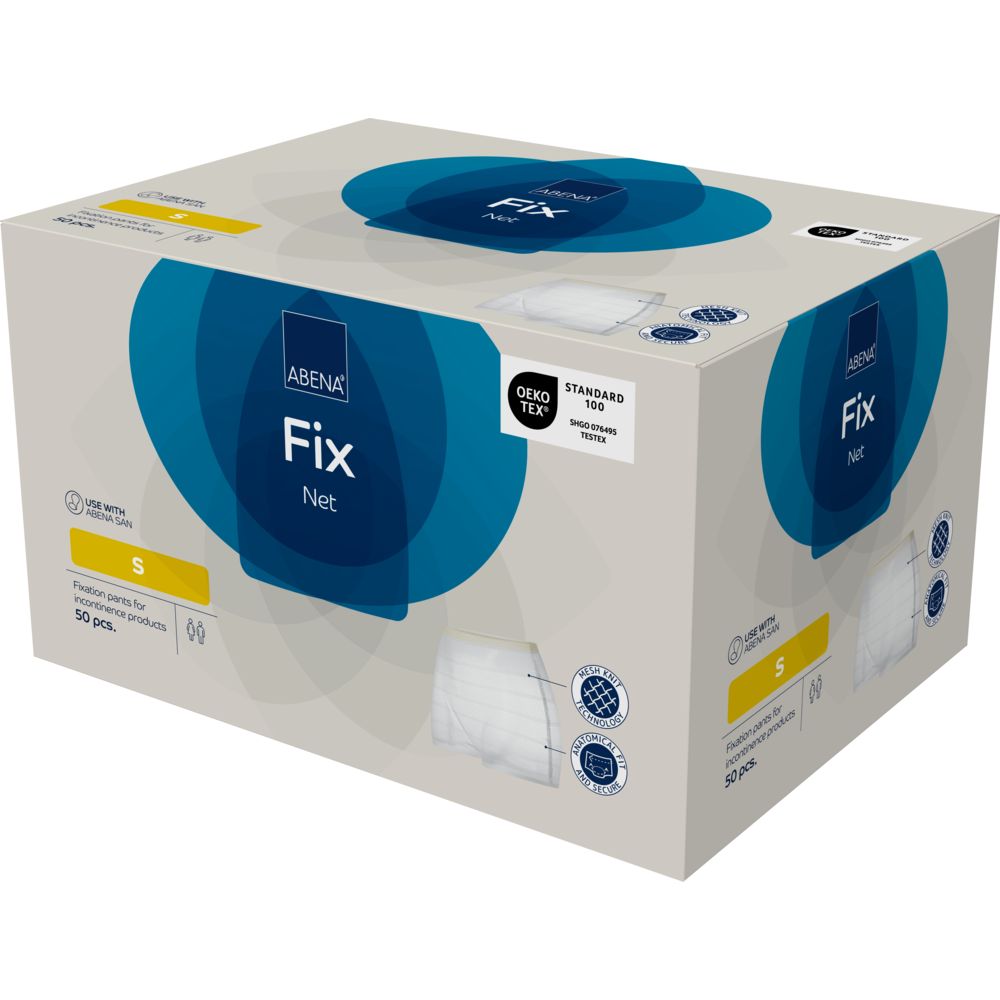 A beige box of fixing pants from Abena Re-Seller GmbH, ABENA Fix, Net (size S), contains 50 pieces with blue accents, product images, and OEKO-TEX Standard 100 certification for incontinence products.